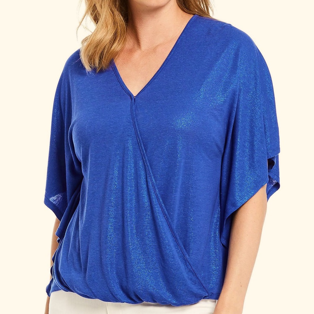Democracy V-Neck Bubble Hem Surplice Wrap Top in Fog Foil Metallic Blue size S